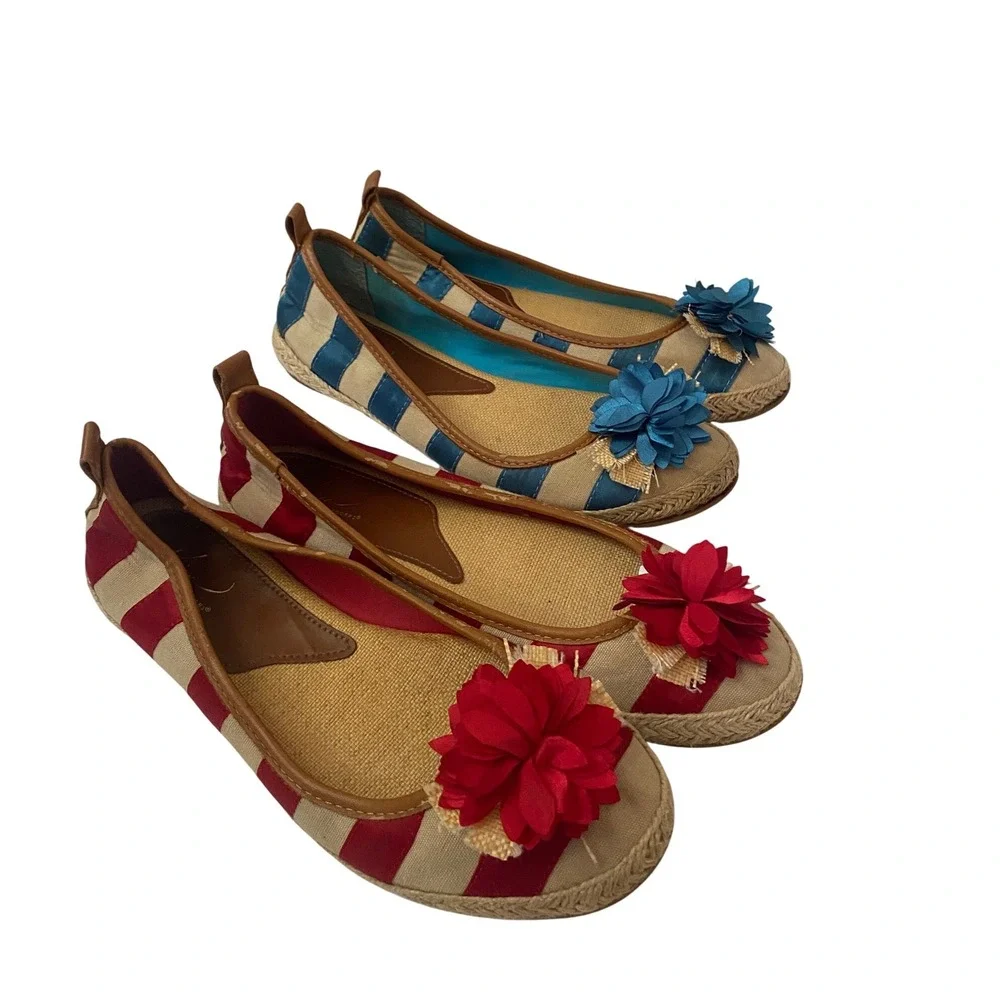 Lot of 2‎ Kim Rogers Striped Espadrille Flats Red Blue Nautical Flower Accents8